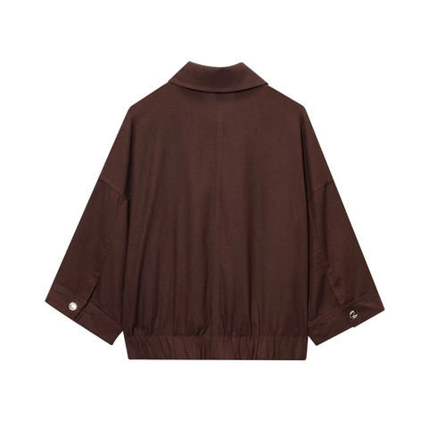 Women's Casual Utility Cargo Jacket Short Loose Fit Solid Color Lapel Long Sleeve Zip-Up Outwear With Large Pockets