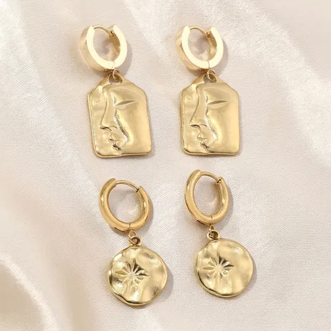 Edelstahl Gesichtsrelief Sonne Stern Ohrhänger Für Damen Gold Silber Plattiert Geometrische Tropfenohrringe Modeschmuck