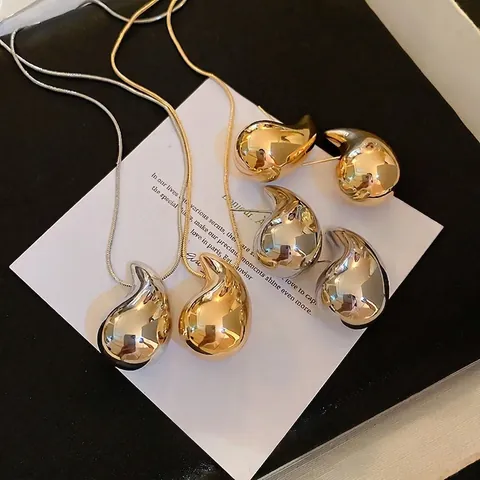 Collana E Orecchini A Goccia Minimalisti Lega Lucida Pendente Goccia D Acqua Catena A Serpente Perno Per Orecchini In Argento Moderni