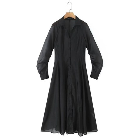 Women's Long Sleeve V-Neck Single-Breasted Solid Color Sheer Texture Shirt Dress Casual Commute Long Dress