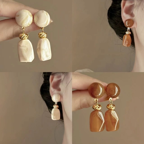 Pendientes De Gota De Resina Geométricos Vintage Con Poste De Plata Patrón De Mármol Aleación Joyería Para Mujeres