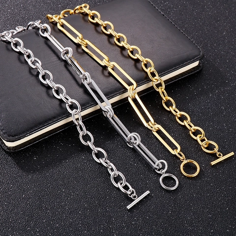 Stainless Steel Splicing Chain Necklace With Toggle Clasp Paperclip And Oval Link Punk Fashion Jewelry For Men