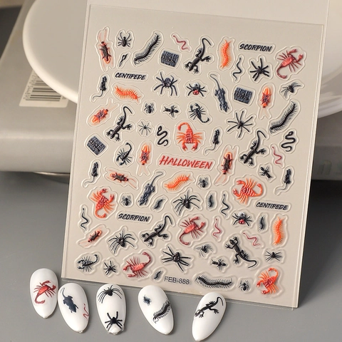 Autocollants Ongles 5D Relief Halloween Scorpion Araignée Insectes Étanche Auto Adhésif Décoration Ongles Gothique