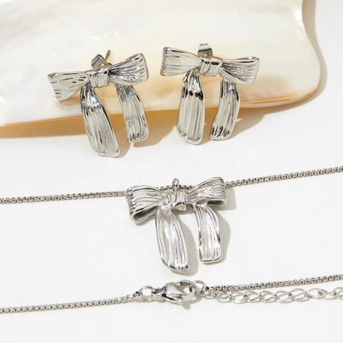 Edelstahl Halskette Und Ohrringe Mit Schleife Texturiertes Schleifen Design Mode Süßer Eleganter Schmuck Für Damen