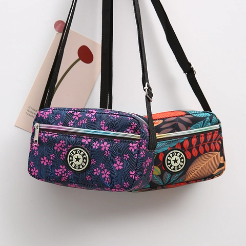 Floral Print Women Crossbody Bag Nylon Waterproof Small Square Shoulder Bag Casual Multi-Pocket Adjustable Strap Lightweight