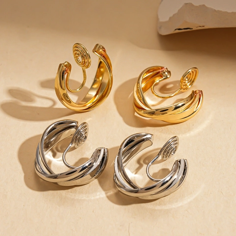 Copper Entwined Round Clip On Earrings Non Pierced Multi Layer Twisted Geometric Minimalist Fashion Jewelry Women
