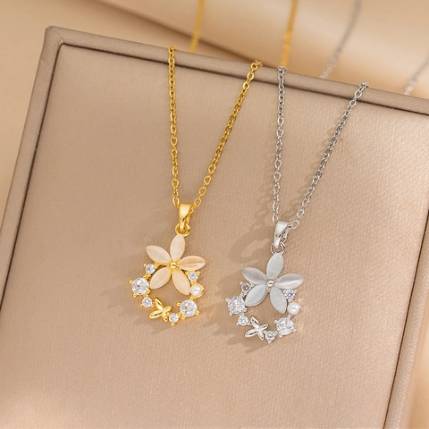 Collar Con Colgante De Flor De Acero De Titanio Con Piedra Ojo De Gato Circonita Y Perla Artificial Joyería Elegante Para Mujer