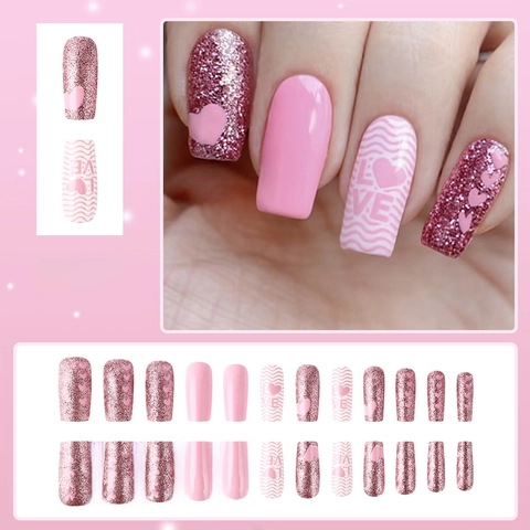 Pink Heart Glitter Press On Nails Short Square Sweet Love Pattern Glossy Artificial Manicure For Women