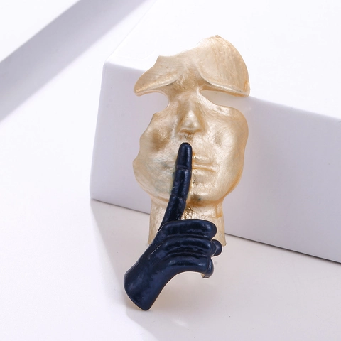 Abstract Silence Is Golden Face Brooch Pin Alloy Lacquer Shh Gesture Creative Artistic Retro Jewelry For Women Men