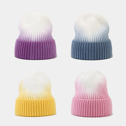 Bonnet En Maille D'Hiver Acrylique Côtelé À Revers Chaud Dégradé Tie Dye Extérieur Décontracté Pour Femmes