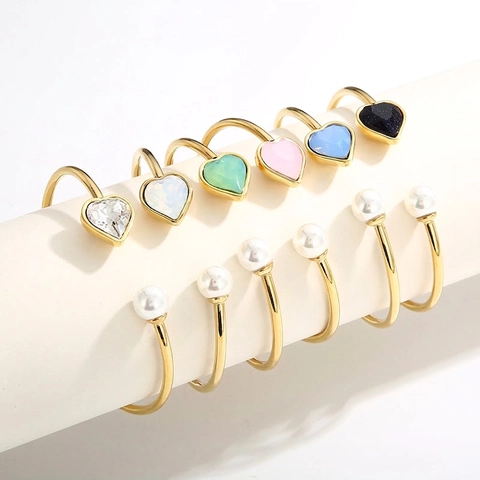 Titanium Steel Heart Artificial Pearl Open Cuff Bracelet Rhinestone Inlaid Fashion Jewelry Bangle For Women Daily Accessory