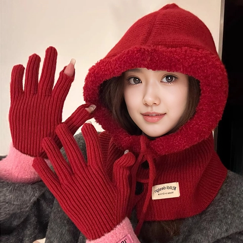 Women Thermal Acrylic Knitted Balaclava Hat Scarf With Matching Gloves Solid Color Sweet Winter Neck Warmer For Outdoor
