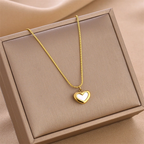 Collar Pendientes Pulsera Joyería Corazón Mujeres Incrustación Concha Blanca Acero Inoxidable Dorado Accesorios Franceses