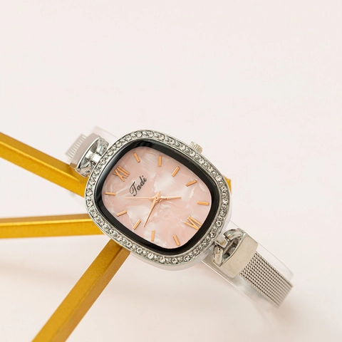Women Retro Ellipse Quartz Watch With Rhinestone Alloy Mesh Band Elegant Shell Texture Dial Fashion Lady Wristwatch