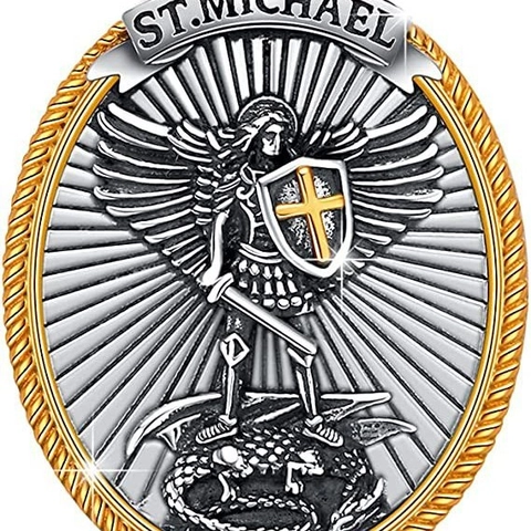 Collana Pendente San Michele Religioso Arcangelo Medaglia Santa Bicolore Lega Ovale Scudo Gioielli Vintage
