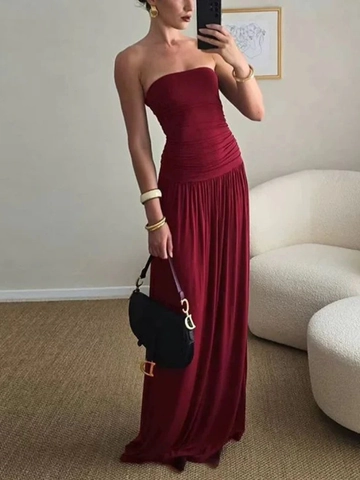 Strapless Ruched Maxi Dress Polyester Backless Off The Shoulder High Waist Elegant Summer Party Gown For Women