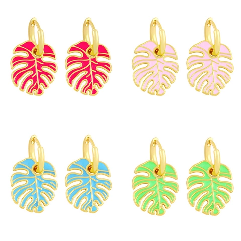 Monstera Leaf Hoop Earrings Gold Plated Enamel Tropical Plant Summer Beach Jewelry For Women Girls Bohemian Vintage Colorful