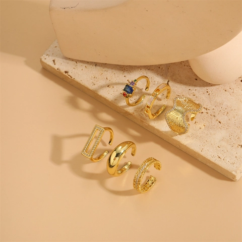 Adjustable Open Ring Copper 14K Gold Plated Zircon Shell Geometric Heart Wave Fashion Jewelry For Women
