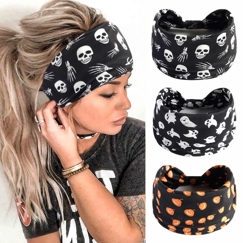 Breite Stirnbänder Elastisch Baumwollimitat Halloween Weihnachten Geist Skelett Kürbis Druck Haarbänder Für Damen Yoga Sport