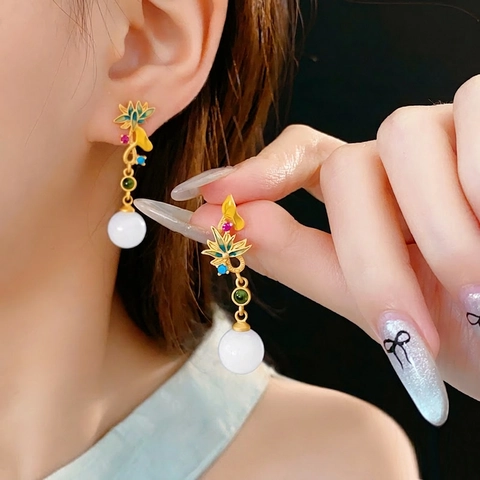Neuchinesischer Stil Lotus Floral Emaille Ohrhänger Kupfer Mit Zirkonia Weißer Perle Und Silbernem Ohrstecker