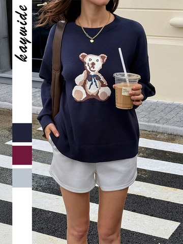 Pull En Tricot Pour Femme Mélange De Viscose Motif Ours En Peluche Col Rond Manches Longues Décontracté Rétro Chic