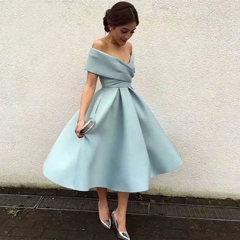 Robe De Soirée Satin Épaules Dénudées Sexy Ligne A Robe De Bal Dos Lacé Cocktail Banquet Élégant Midi