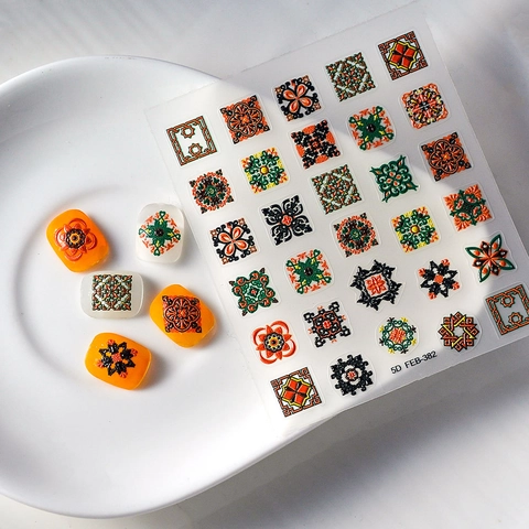 Adesivi Unghie 5D Rilievo Motivi Floreali Geometrici Retro Bohemien Stereoscopici Impermeabili Decorazioni Nail Art DIY