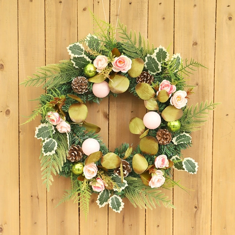 Ghirlanda Di Natale Artificiale Con Rose Rosa Pigne E Palline Decorative Per Porta D'Ingresso Casa Ornamento