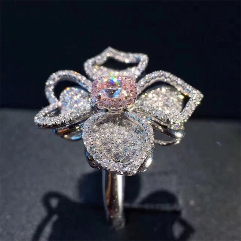 Anillo De Flor Cobre Con Circonita Rosa Pavé Completo Diamantes De Imitación Elegante Lujo Joyería Cóctel Mujeres