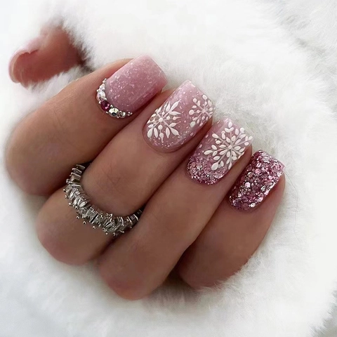 Press On Nails Short Square Pink Glitter Gradient Snowflake Rhinestone Christmas Winter Style For Women