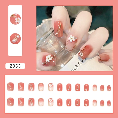 Press On Nagels Roze Gradiënt Kort Vierkant Rond Met 3D Camelia Bloem Kunstparels Goudlijn Handgemaakt Zoete Stijl