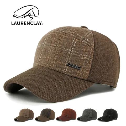 Woolen Tweed Plaid Baseball Cap With Foldable Ear Flaps Warm Winter Windproof Outdoor Casual Hat For Men Unisex