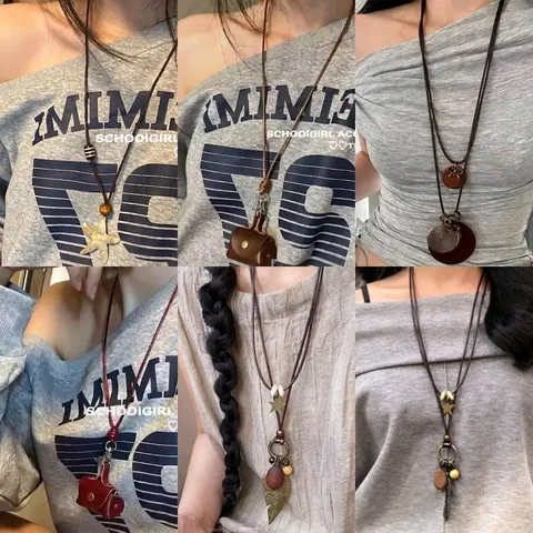 Collana Con Pendente Lungo Etnico Retrò Con Perle Di Legno Stella In Lega Piuma E Cordino In Pelle Gioielli Boho Da Donna