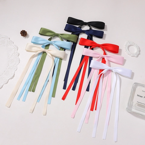 Kids Hair Clip Satin Long Streamer Ribbon Bow Duckbill Clip Solid Color Sweet Accessories For Girls