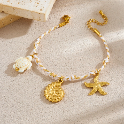 Bracciale Con Ciondoli Oceano Acciaio Inossidabile Corda Intrecciata Tartaruga Marina Conchiglia Stella Marina Regolabile