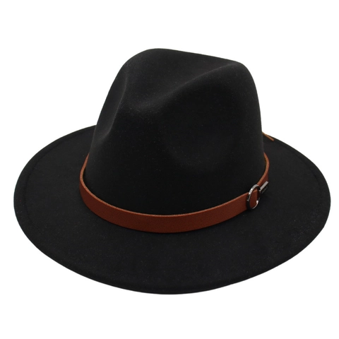 Sombrero Fedora De Estilo Británico Vintage Ala Ancha Fieltro Jazz Gorra Con Cinturón De Cuero Y Hebilla De Metal