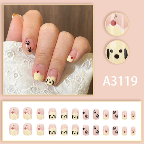 Press On Nails Resin Short Square Round French Tip Cartoon Dog Paw Prints Cherry Sweet Cute Style Manicure Accessory