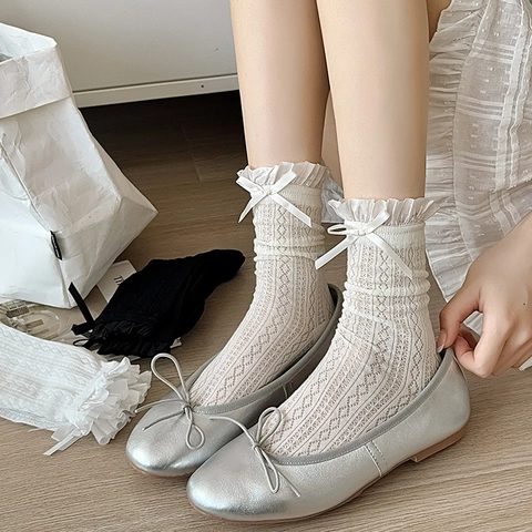 Women Cotton Crew Socks With Lace Trim And Bow Accent Eyelet Hollow Out Sweet Vintage Style