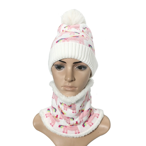 Bonnet Et Cache-Col D'Hiver Pour Enfants Tricot En Acrylique Doublé De Faux Mouton Motif Licorne Mignon Pompon