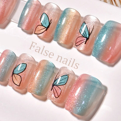 Cat Eye Press On Nägel Farbverlauf Schmetterling Falsche Nägel Glänzend Süßer Stil Für Frauen Künstliche Maniküre