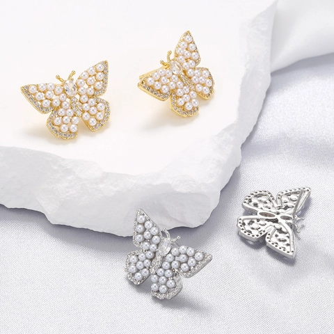Pendientes de Botón de Mariposa de Latón Chapado en Oro de 18K Con Perlas Artificiales Strass Joyería Elegante Mujer