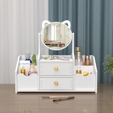 Desktop Makeup Organizer With Mirror PVC Wood Plastic Board Drawers Cosmetics Storage Box Dressing Table Jewelry Shelf