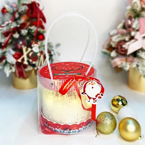 Scatola Regalo Di Natale Rotonda Plastica Trasparente Con Coperchio Motivo Renna Nastro E Luci LED Per Caramelle