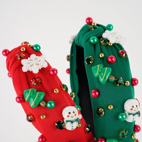 Cerchietto Annodato di Natale per Donna con Strass e Perline in Tessuto con Pupazzo di Neve Albero di Natale Fiocco di Neve Accessori Capelli