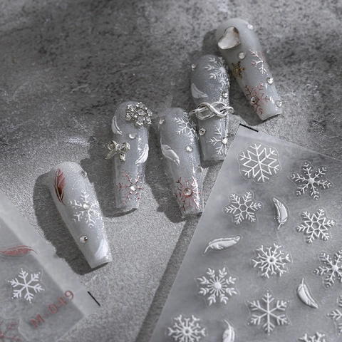 Autocollants Ongles Relief 3D Auto-adhésif Motifs Flocon De Neige Plume D'hiver Ultra Minces Transparents Décalcomanies Manucure