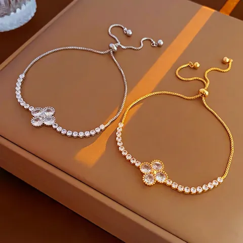 Four Leaf Clover Flower Adjustable Bracelet Copper Zirconia Pave Real Gold Plated Drawstring Bangle Jewelry For Women