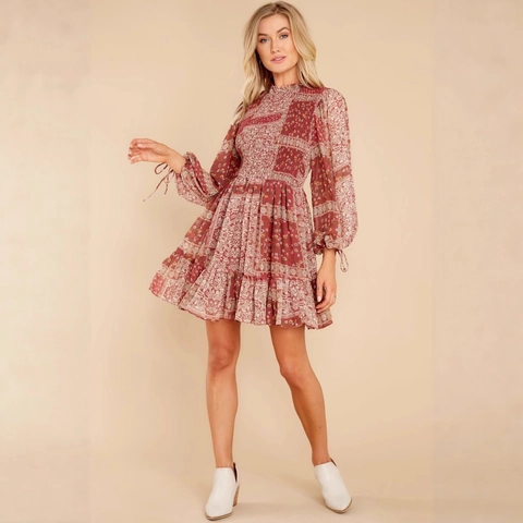 Women Bohemian Paisley Floral Print Long Sleeve Mini Dress Polyester Smocked Mock Neck Ruffled Hem Retro Fashion