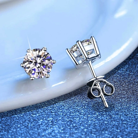 Classic Moissanite Stud Earrings 925 Sterling Silver Earring Post Six Prong Brilliant Cut Round Sparkling For Women