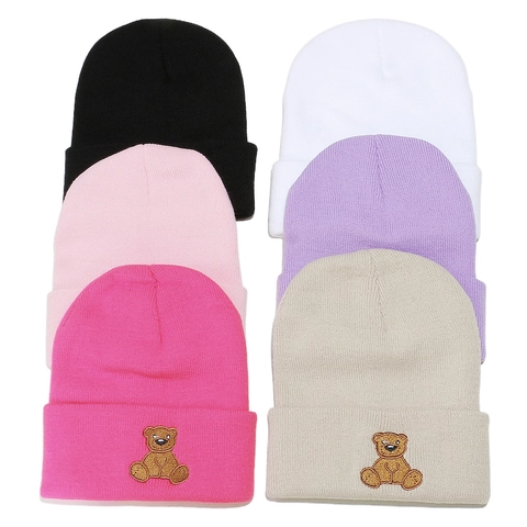 Bonnet En Tricot Avec Broderie Ours Bonnet À Revers Nervuré Hiver Chaud Doux Acrylique Pour Femmes Décontracté Mignon