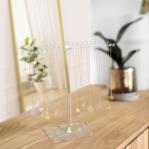 Acrylic Necklace Display Stand Transparent Jewelry Organizer Rotating T-Bar Hook Rack For Women Home Storage